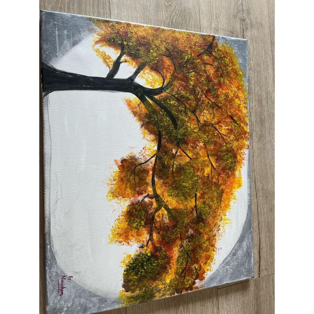 Acrylic Canvas Painting Lonely Autumn Yellow Green White H x 16 ,‎ W x 20 Inches - Picture 6 of 8